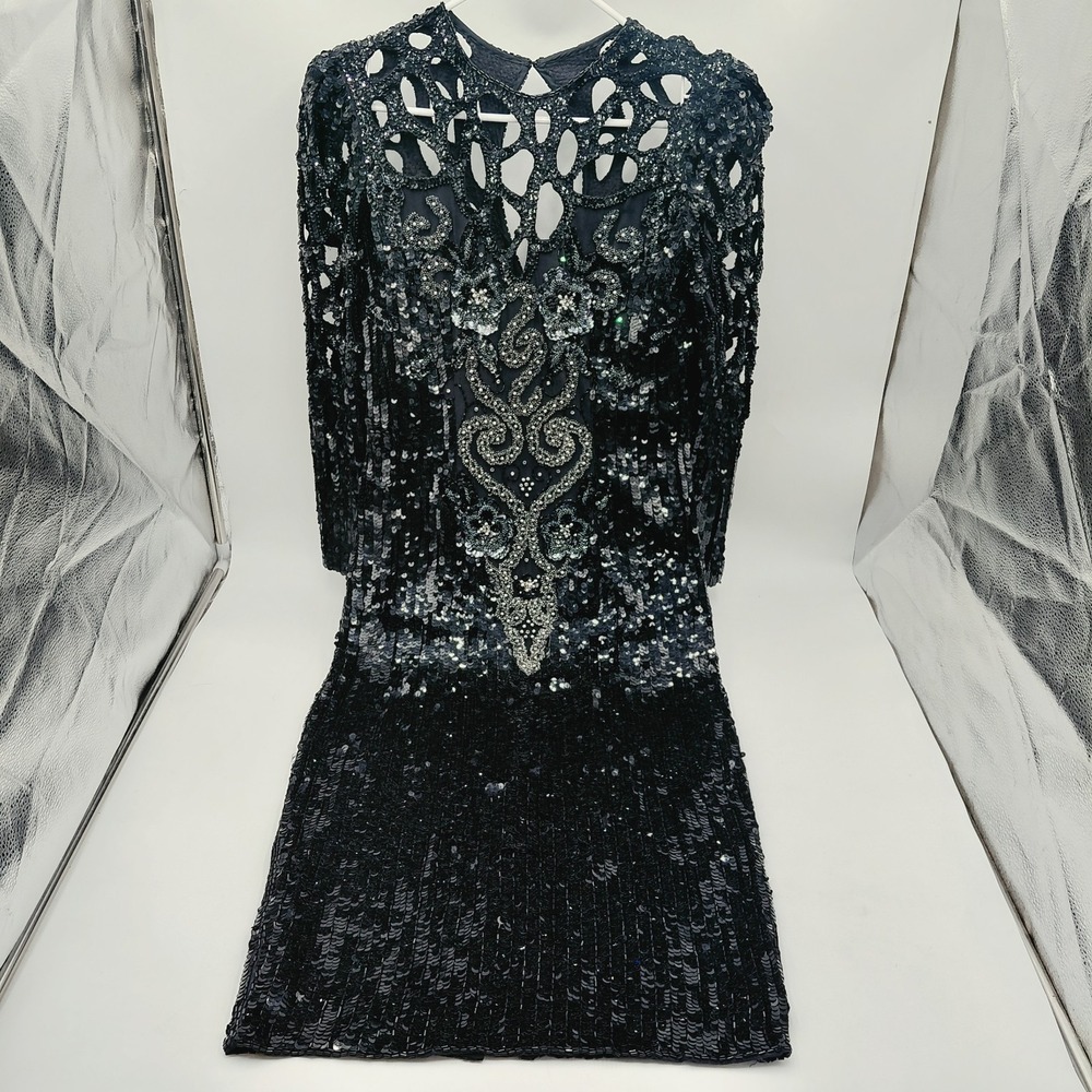 1980s Vtg Oleg Cassini 8 Black Tie Beaded Sequin 100% Silk Cocktail Party Dress